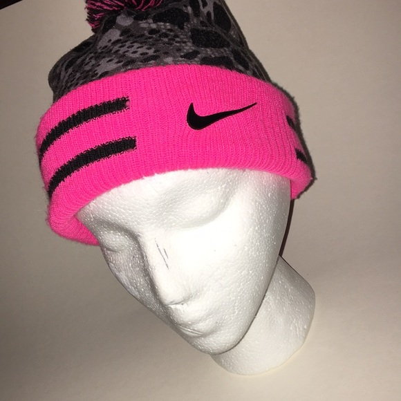 Nike/Youth Neon Pink & Black w/Gray & Black animal print, pink/black PomPom - Picture 2 of 7